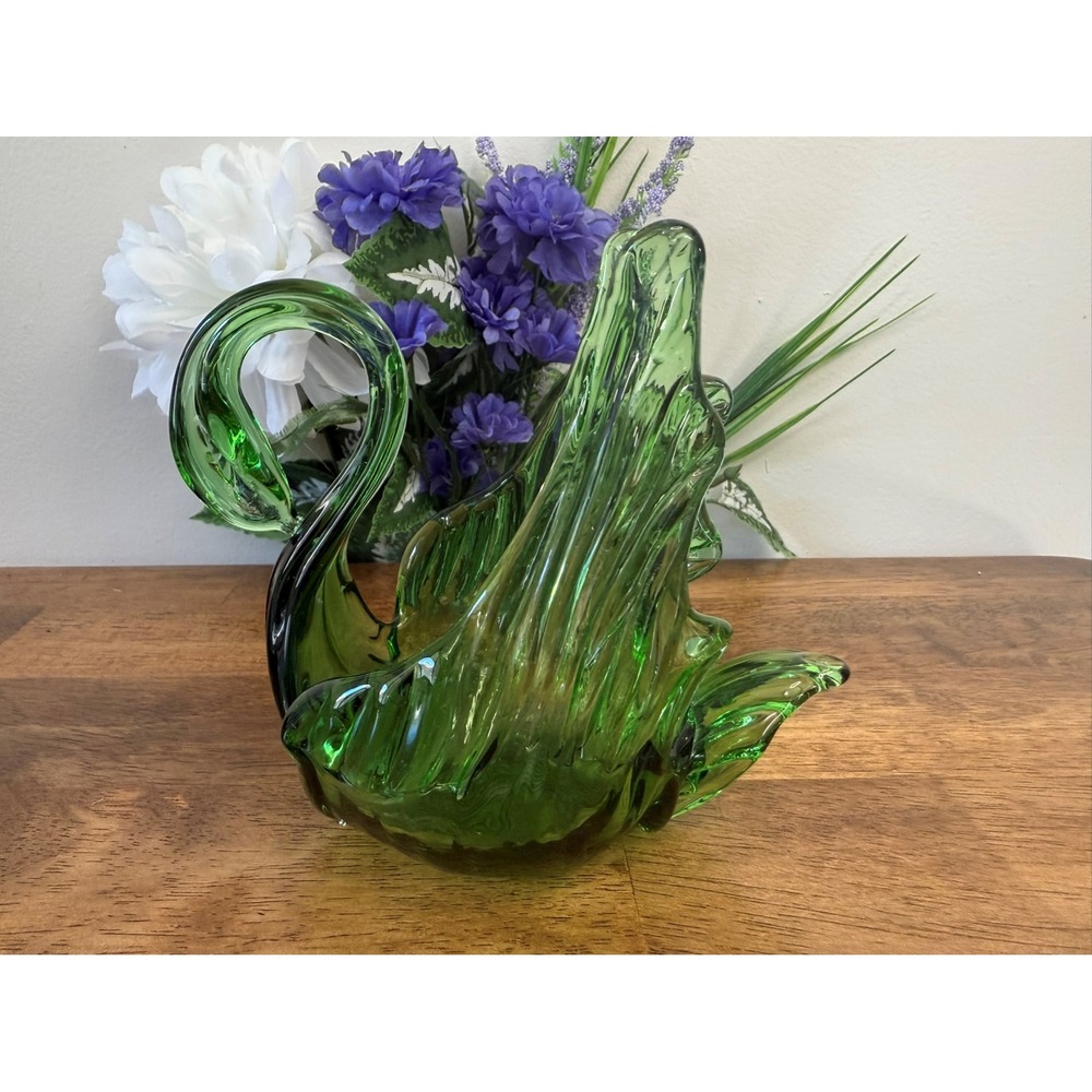 Vintage Hand-Blown Green Glass Swan Dish –‎ Art Glass Figurine Centerpiece Retro